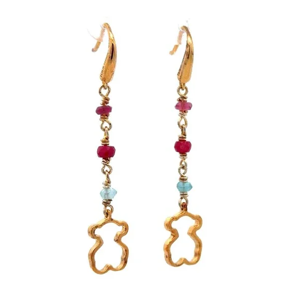 Designer TOUS 925 Sterling Silver Vermeil Aquamarine Amethyst Ruby Drop Earrings - Picture 3 of 12